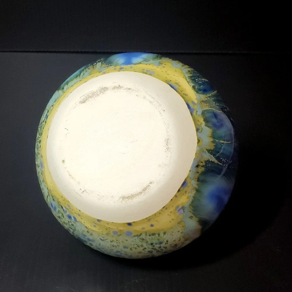 Blue and green glazed ceramic studio pottery vase small double bulbous bud‎ vase